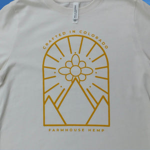 Crafted in Colorado Ladies Shirt – Vintage White with Golden Yellow Design