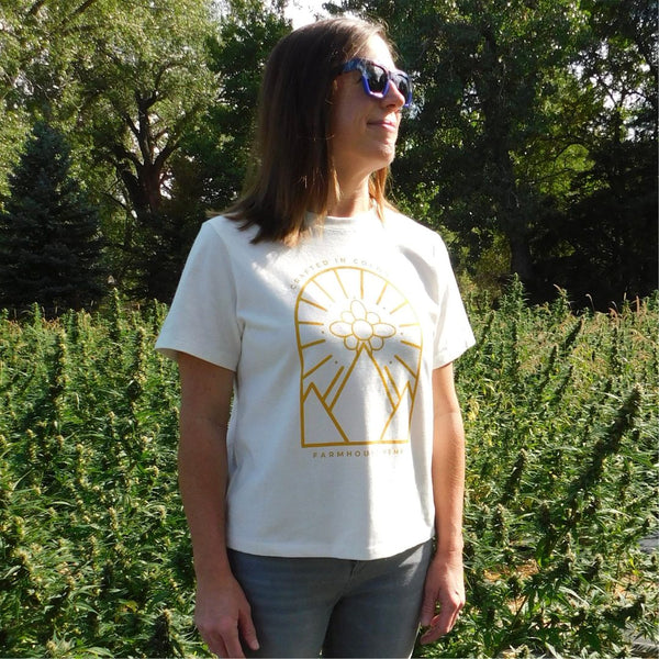Crafted in Colorado Ladies Shirt – Vintage White with Golden Yellow Design